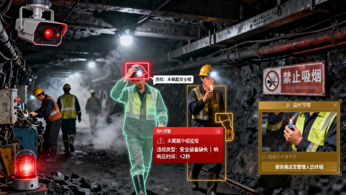 煤矿井下主巷道作业区，光线昏暗，仅靠顶部的矿灯和矿工安全帽灯照明，空气中飘浮着煤尘。几名矿工正在操作设备或行走，大多数人身着规范的反光衣与安全帽。

在巷道顶部钢梁上，安装着带有防爆外壳的AI摄像机，预览效果