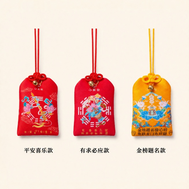 [主图-5] 福袋全款式SKU展示
[氛围风格] 规整国风，清晰展示氛围
[画质] 商业摄影质感，光线均匀通透，产品清晰，画面干净高级
[元素] 三款不同款式福袋（平安喜乐红、有求必应红、金榜题名黄）预览效果
