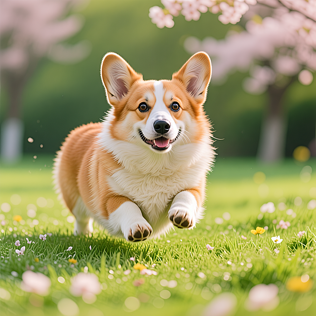 一只软萌可爱的柯基犬，在春日草坪上奔跑，毛发蓬松，治愈系风格