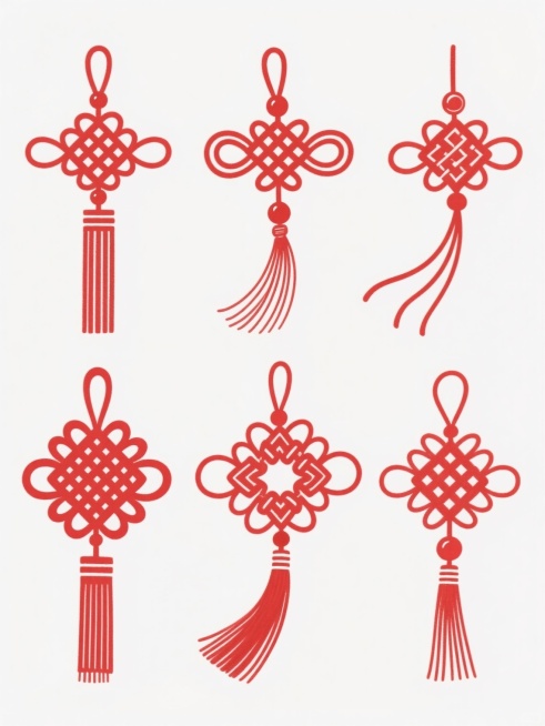 中国传统吉祥图案，六个不同样式、不同编织方法的中国结，采用简约线条手绘风格，以正红色为主色调，白色纯色背景，整体排列整齐有序，每个中国结造型独特，细节丰富，包括不同的结体结构、流苏样式和装饰元素，线条流畅自然，具有浓厚的中国传统文化韵味和简洁的设计感，单个中国结形态类似示例中包含对称结体、圆珠点缀和飘逸流苏的样式。预览效果