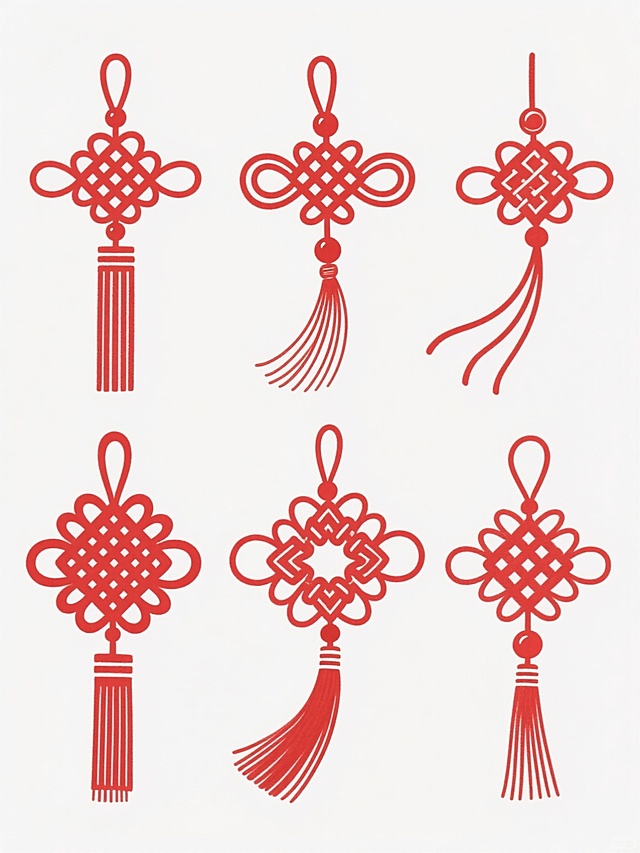 中国传统吉祥图案，六个不同样式、不同编织方法的中国结，采用简约线条手绘风格，以正红色为主色调，白色纯色背景，整体排列整齐有序，每个中国结造型独特，细节丰富，包括不同的结体结构、流苏样式和装饰元素，线条流畅自然，具有浓厚的中国传统文化韵味和简洁的设计感，单个中国结形态类似示例中包含对称结体、圆珠点缀和飘逸流苏的样式。