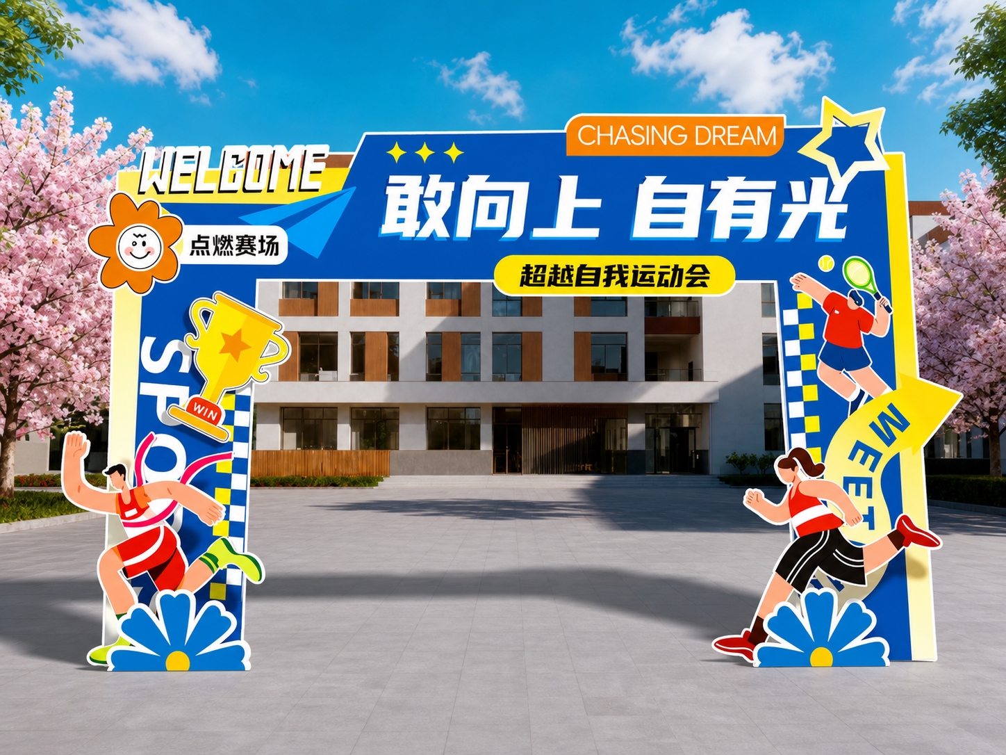 精确复刻参考图的运动会拱门门头设计，保持完全一致的版式骨架、配… - 图片创意预览