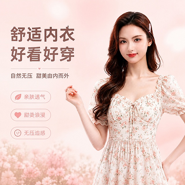 [单张主图] 女士甜美舒适内衣 1:1 比例高级氛围感主图，商品展示目标，突出舒适甜美的产品特点。
[画面主体] 保留原图模特、模特发型发色、妆容姿态、碎花外搭，产品整体构图裁剪为正方形构图，保持产品外观（即物理结构、材质质感、颜色）与输入图片绝对一致，杜绝任何变形和色差，精细化处理。商品主体占比严格控制在50%左右，画面满屏无边框。
[构图版式] 采用服饰穿搭专用-左文右物场景型版式，左侧大面积留白，产品模特放右侧放大展示。
[场景元素] 柔雾浅粉色渐变背景，底部点缀虚化粉色花簇增加氛围感，左侧留白区域放置文案，文字不遮挡主体。
[文案版式] 左侧留白左上区域：舒适内衣 好看好穿，字号最大，粗体；下一行小字：自然无压 甜美由内而外；下方三个浅粉色圆角线框图标卖点：亲肤透气、甜美浪漫、无压迫感，图标+文字，清晰排列。文字不遮挡模特主体。
[光影质感] 顶部自然光为主光，侧前方柔光填充，整体光影柔和通透，人物和产品清晰真实，浅景深虚化底部背景，画面干净高级，商业摄影质感。
[配色字体] 主色调柔雾浅粉，文字采用深棕色，图标浅粉色，整体配色甜美协调；字体选择细轻无衬线，主标题字号最大，卖点文字缩小，层级分明。
[比例分辨率] 1:1 比例，2k 分辨率，文字清晰可辨，超高清。
[负向提示词] 变形，文字错乱，产品图模糊，背景杂乱，水印，电商平台Logo，错字，主体遮挡