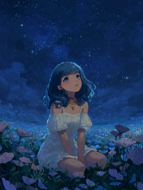 {
  "scene": {
    "background": "深邃星空与流动云海交织的夜空背景，繁星点点如钻石洒落，云层被月光染成淡蓝与银白，下方是开满野花的草地，营造出置身宇宙边缘的梦幻秘境氛预览效果