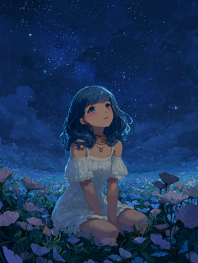 {
  "scene": {
    "background": "深邃星空与流动云海交织的夜空背景，繁星点点如钻石洒落，云层被月光染成淡蓝与银白，下方是开满野花的草地，营造出置身宇宙边缘的梦幻秘境氛围。"
  },
  "subject": {
    "primary": "一位拥有湿润微卷深蓝发丝、清澈大眼的少女，身穿轻盈露肩白色荷叶边连衣裙，颈间佩戴细链吊坠项链，肌肤在星光下泛着柔和光泽，整体造型清新自然又带点仙气。",
    "pose": "盘腿坐于花丛中，身体微微前倾，抬头仰望星空，双手自然垂放或轻触膝盖，姿态放松而充满向往感，仿佛正与星辰对话。",
    "expression": "眼神专注而温柔，嘴角含笑，流露出纯真、宁静与对未知宇宙的憧憬情绪，充满故事感与治愈力。"
  },
  "layout": {
    "main_view": {
      "content": "中景构图聚焦少女全身与周围环境，突出星空背景与地面花草的对比，人物居画面中心偏下位置，形成视觉稳定与情感沉浸感。",
      "style": "高精度数字幻想插画风格，色彩通透细腻，光影层次丰富，具有壁纸级视觉冲击力与艺术感染力。"
    }
  },
  "visual_style": {
    "aesthetic": "日系治愈 × 星空幻想 × 森系浪漫 × 光影梦境插画风格。",
    "mood": "宁静、梦幻、温柔、治愈、神秘、向往。",
    "color_palette": "主色调为深蓝、靛紫、月白与银灰，点缀星光金、淡粉与草绿，光影过渡柔润且富有呼吸感，冷暖交融营造静谧而温暖的夜晚氛围。"
  },
  "rendering": {
    "quality": "超高分辨率，极致细节渲染，适合用于手机壁纸、插画封面、冥想视觉或社交媒体传播。",
    "lighting": "逆光+漫射顶光结合，突出皮肤透亮质感、发丝湿润高光、布料褶皱反光与星空粒子辉光，营造神圣而梦幻的夜间魔法氛围。",
    "accuracy": "精确还原布料荷叶边结构、花瓣形态、发丝分层、星点闪烁效果与草地纹理，确保比例协调、光影逻辑自然、材质真实细腻。"
  }
}