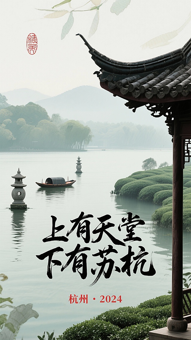 设计一张长1080宽1920像素的杭州风景宣传海报，要求图文并茂