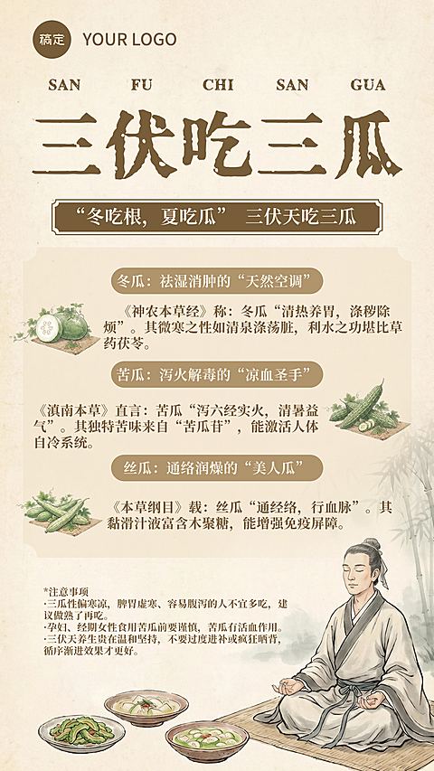 三伏养生科普食疗保健中式感国风插画竖版海报