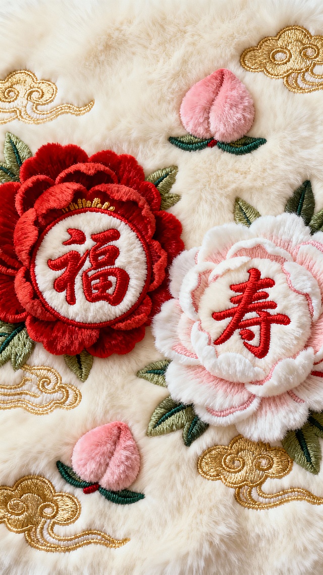 米白毛绒底，红粉牡丹绣 “福寿”，配仙桃祥云，暖绒交织，满是福寿安康意