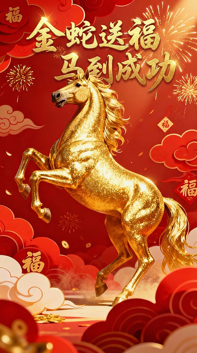 鎏金3D骏马跃然于红金祥云间，重拟物质感融合中式传统元素，烟花绽放，福字环绕，尽显奢华喜庆的春节氛围。