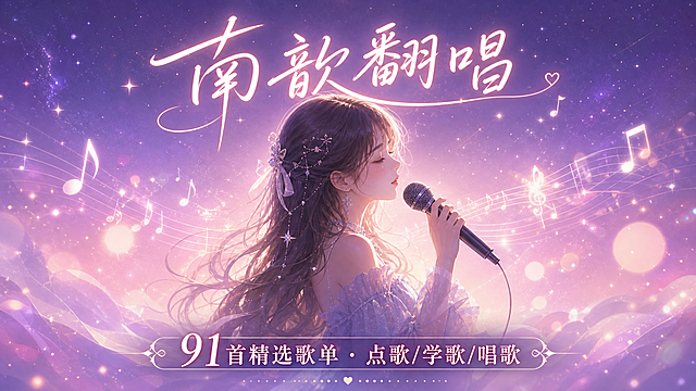 一张语音厅歌单封面海报，16:9横版，女生向温柔治愈风格，主题为「南歆翻唱 · 91首点歌学歌唱歌歌单」。画面中央是一位气质温柔的长发女生侧影，手持麦克风轻唱，周围漂浮着音符、五线谱和柔和光晕。背景为渐变粉紫色星空，点缀星光和梦幻光斑。上方用优雅手写字体写着大标题「南歆翻唱」，下方用清晰字体标注「91首精选歌单 · 点歌/学歌/唱歌」，整体氛围温暖治愈、适合语音厅女生使用，画面精致细腻，2K超清画质