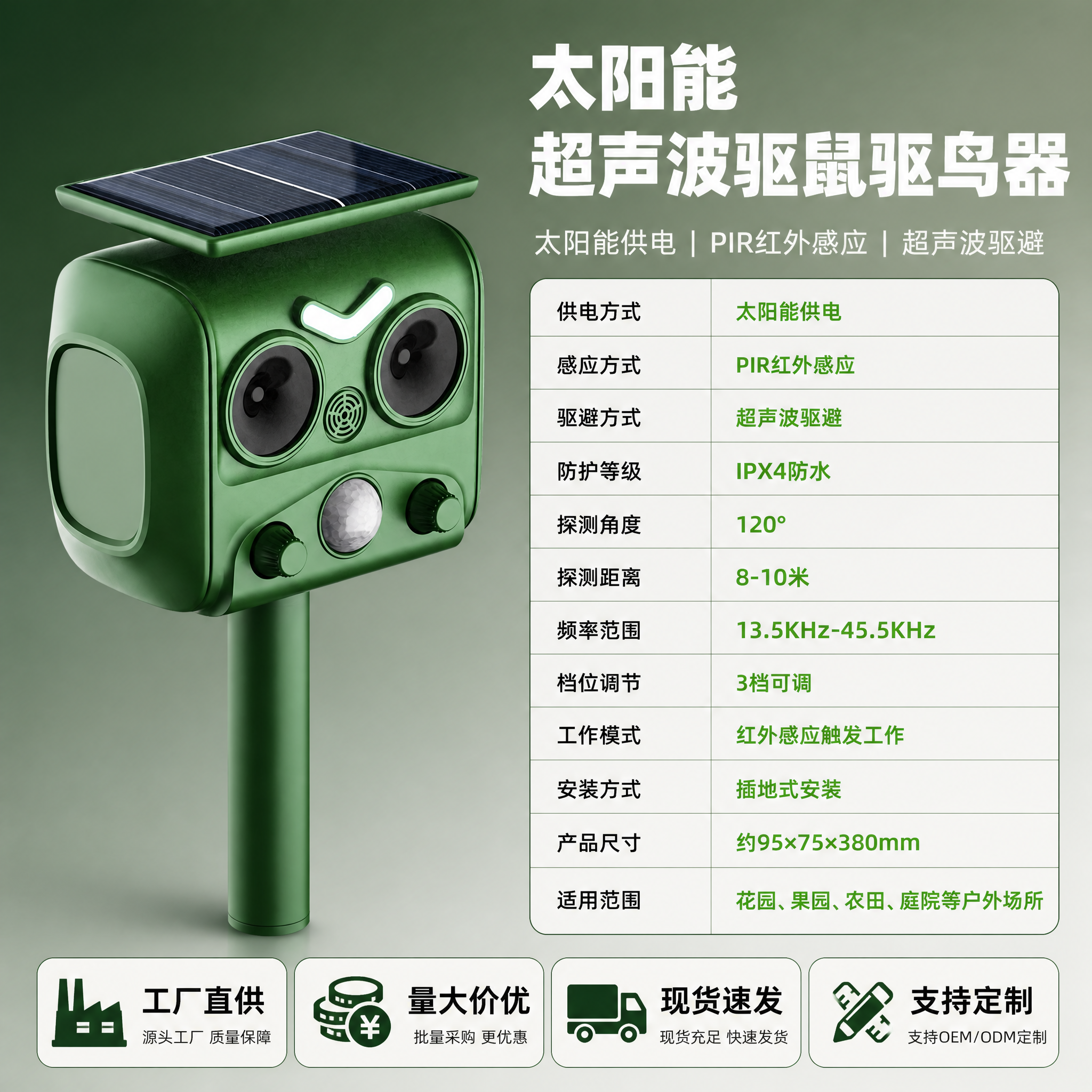 [主图-6] 太阳能超声波驱鼠驱鸟器 规格参数与产品信息。 [… - 图片创意预览
