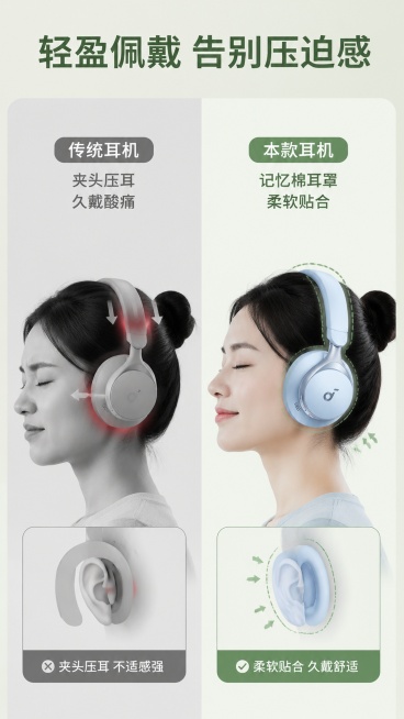 [第6屏] 佩戴体验对比，浅云蓝色头戴式蓝牙耳机对比传统头戴耳机。本屏使用【https://gdesign-dam-hz.dancf.com/36976641722271840/8633a9ccb83预览效果