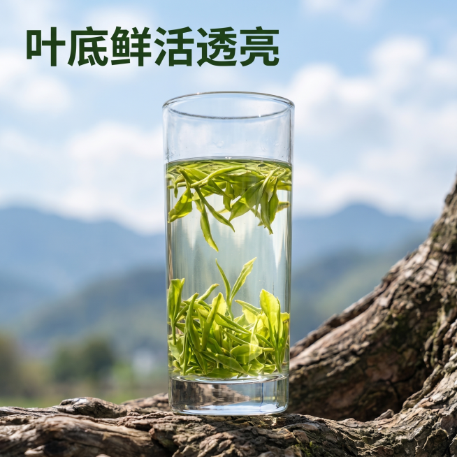 [主图 3] 冲泡后叶底展示图，乡野自然风格
[氛围风格] 清新自然，通透鲜活，乡野氛围感
[画质] 商业摄影质感，清晰通透，细节饱满，画面干净高级
[元素] 透明玻璃杯中放置舒展的冲泡后绿茶叶底，清预览效果