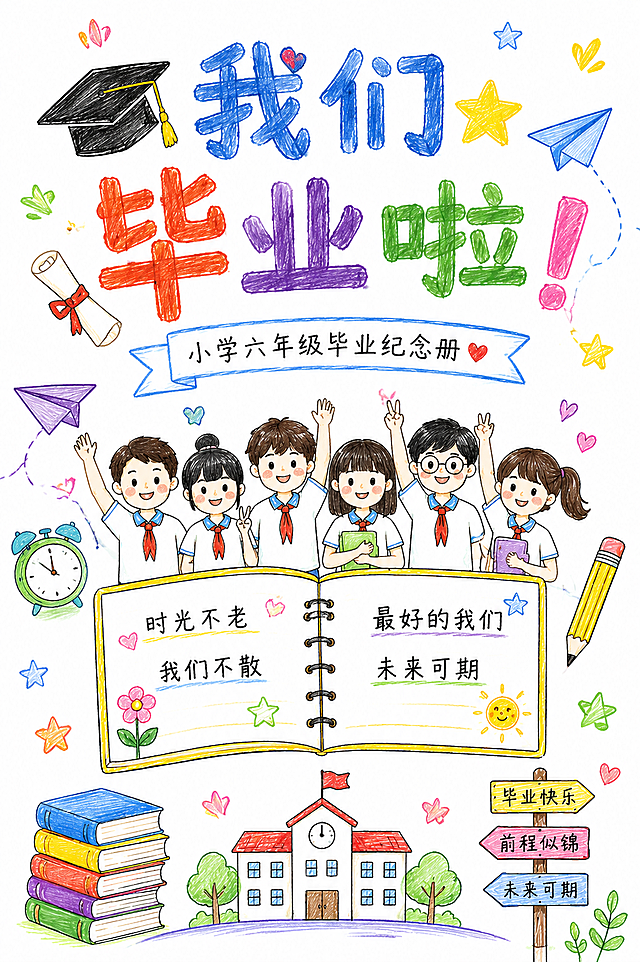 小学六年级毕业纪念册封面，参考图片风格，白底手绘风，包含毕业主题元素，尺寸A4 210*297mm