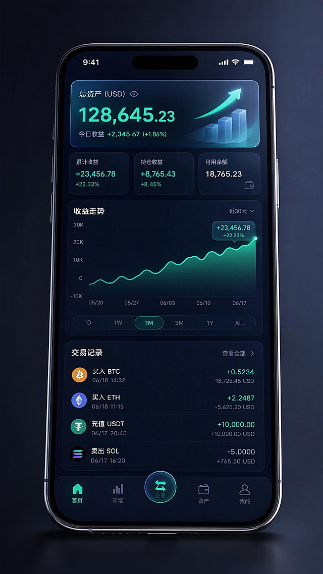 金融科技手机应用界面设计，深蓝黑渐变背景，顶部显示总资产数据卡片，中间区域展示收益数据可视化图表，带有上升趋势曲线和数据指标，底部为交易记录列表布局，绿色和青色作为数据强调色，数字采用粗体无衬线字体带微光效果，玻璃拟态UI设计风格，磨砂玻璃质感卡片，高级专业金融科技感，手机屏幕居中特写，轻微俯视角度，四周留白，摄影级写实渲染，高清锐利，柔和光影，9:16竖版比例