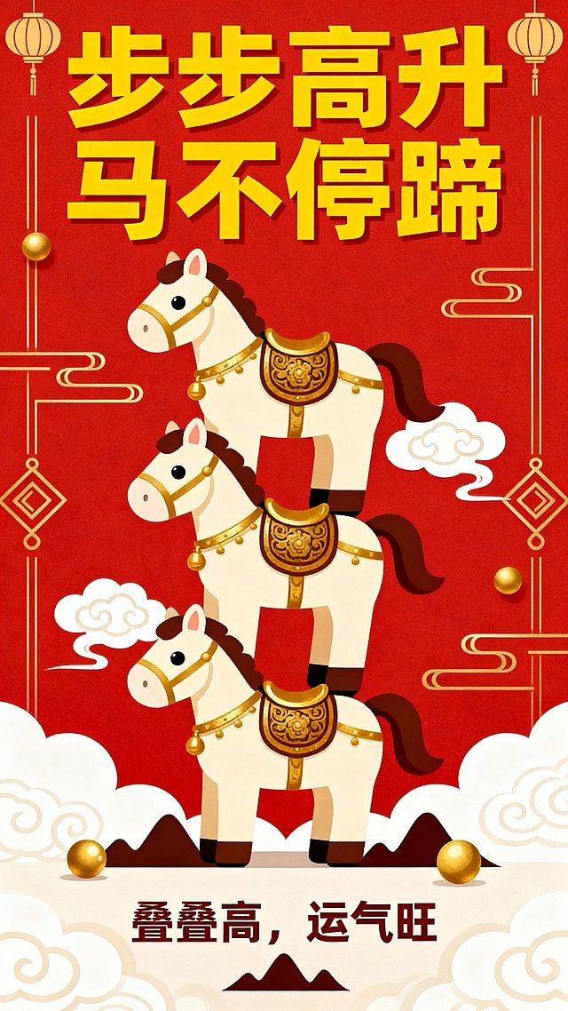 扁平风，三匹白金骏马垂直堆叠与祥云灯笼等国风元素结合，红金撞色，营造步步高升的喜庆马年氛围。