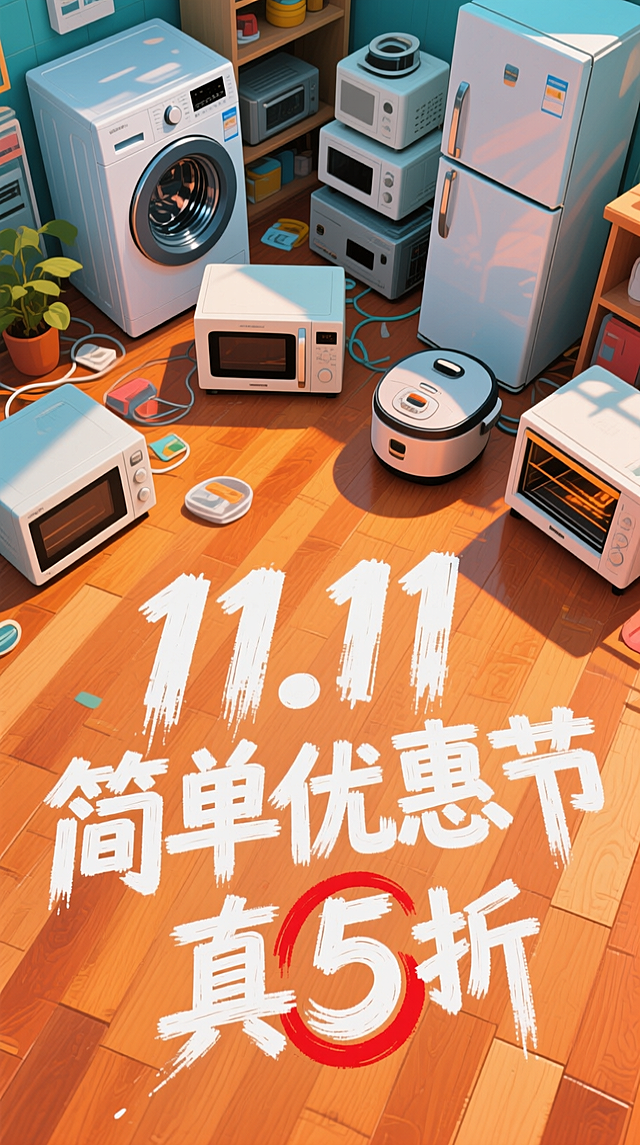 画面上方是多个电器随意摆放在地上（洗衣机、冰箱、微波炉、电饭煲、烤箱等），画面呈现俯视视角，画面底部暖色木地板上，印着白色油漆艺术大字“11.11 简单优惠节”，小字手写风“真5折”，数字“5”红圈突出。