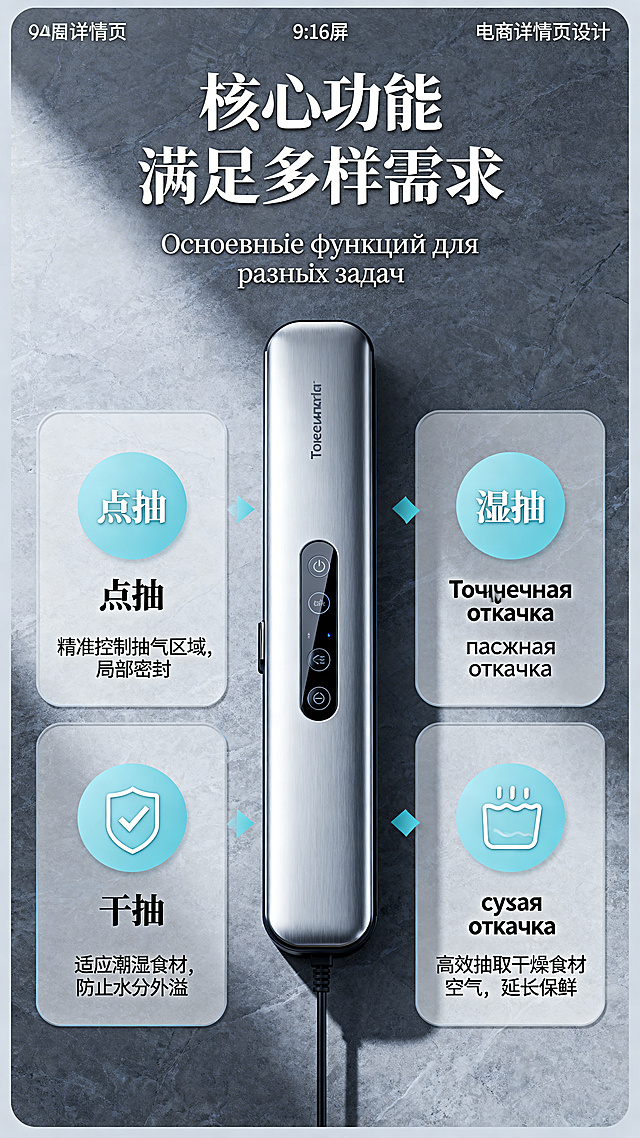 电商详情页第四屏，产品核心功能介绍，展示真空封口机的多种功能模式：点抽、湿抽、干抽等，中文每个功能配说明，对应俄文翻译，标题“核心功能 满足多样需求”俄文“Основные функции для разных задач”，高端大气排版，尺寸9:16，色调衔接