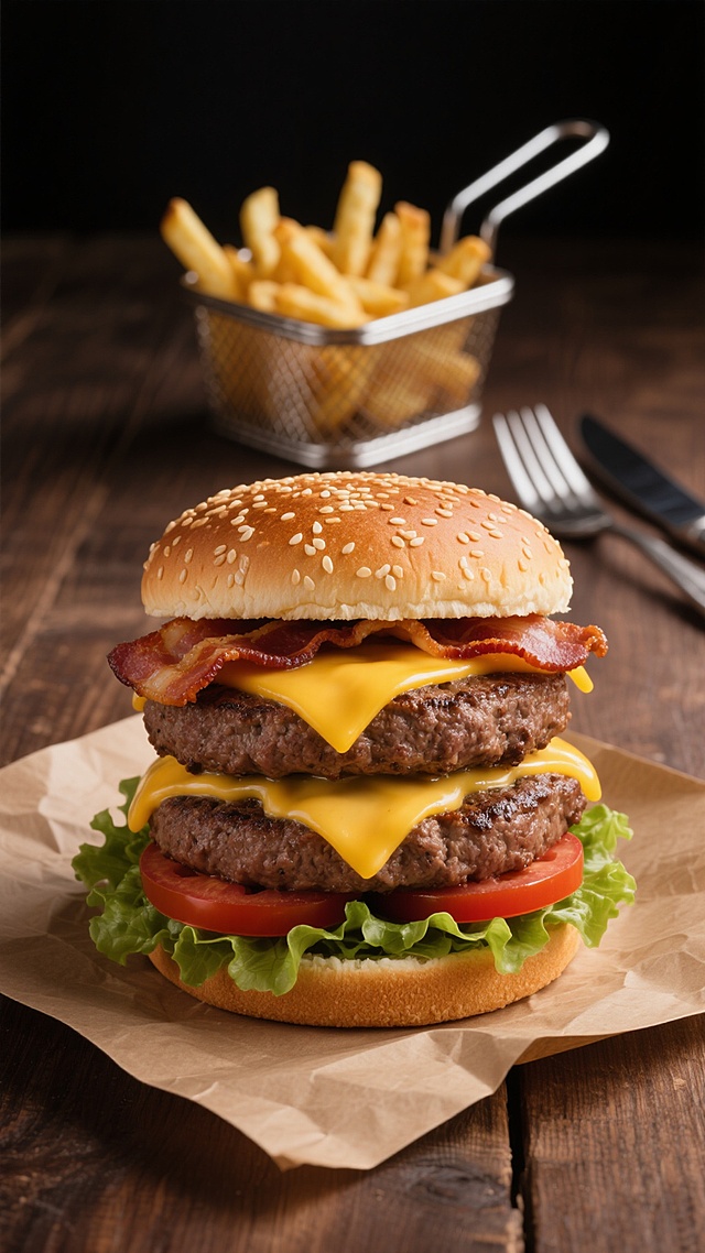 一个双层芝士培根汉堡，芝麻面包顶部微焦，夹着两层厚实多汁的牛肉饼、融化的黄色芝士片、酥脆培根、红色番茄片、绿色生菜，放置在棕色牛皮纸上，位于木质桌面上；背景中有一小篮金黄薯条，装在金属网篮中，旁边有银色刀叉，整体采用深色背景，营造出温暖诱人的美食氛围，光线聚焦于汉堡，突出其层次感和食材细节，写实风格，色彩饱满，光影对比强烈，质感细腻。