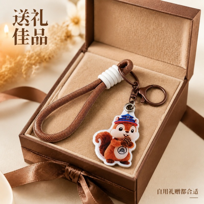 [主图-5] 钥匙扣适用场景与礼赠展示
[氛围风格] 温馨仪式感，突出礼赠属性
[质感] 商业摄影，氛围感强，质感高级
[元素] 钥匙扣放置在半开的精致礼盒中，礼盒内部为浅棕色绒布内衬，丝带点缀。保持预览效果