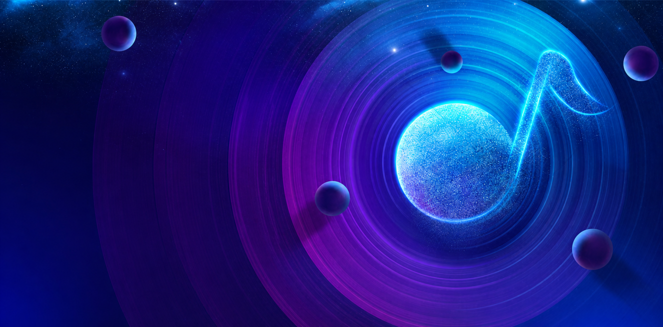 参考原图的蓝紫色渐变宇宙黑胶唱片风格，保留音符、星球、圆环的画面布局和设计，去掉所有文字和水印，生成高清版本预览效果