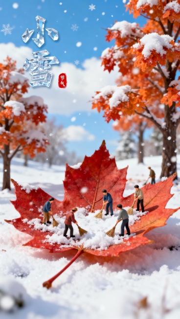 以冬日雪景为背景，巨型红枫叶上有多位小人手持扫帚扫雪，周围点缀积雪的橙红树木，天空飘雪、蓝天点缀白云，风格清新治愈。画面上有创意冰晶字体“小雪”二字，旁边有写着“节气”的红色小印章。预览效果