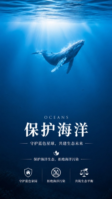 环保公益海报，主题保护海洋，参考原图静谧深邃的蓝色深海氛围，主标题为"保护海洋"，副标题为"守护蓝色星球，共建生态未来"，装饰文案为"保护海洋生态，拒绝海洋污染"，卖点为"守护蓝色家园" "拒绝海洋污预览效果