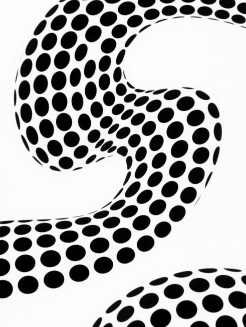 极简主义风格的抽象图案，由密集排列的黑色圆点构成流畅的波浪形曲线，圆点大小均匀，排列紧密且有规律，形成强烈的视觉韵律感，白色背景，整体画面简洁、现代、具有几何美感和设计感，线条流畅自然，无其他元素干扰，呈现出纯粹的视觉艺术效果。预览效果