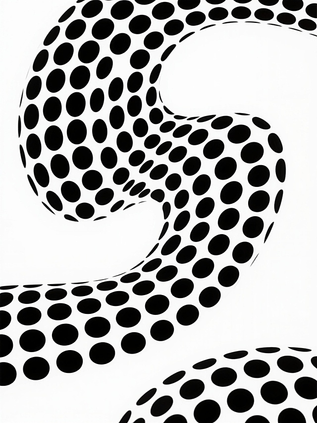 极简主义风格的抽象图案，由密集排列的黑色圆点构成流畅的波浪形曲线，圆点大小均匀，排列紧密且有规律，形成强烈的视觉韵律感，白色背景，整体画面简洁、现代、具有几何美感和设计感，线条流畅自然，无其他元素干扰，呈现出纯粹的视觉艺术效果。