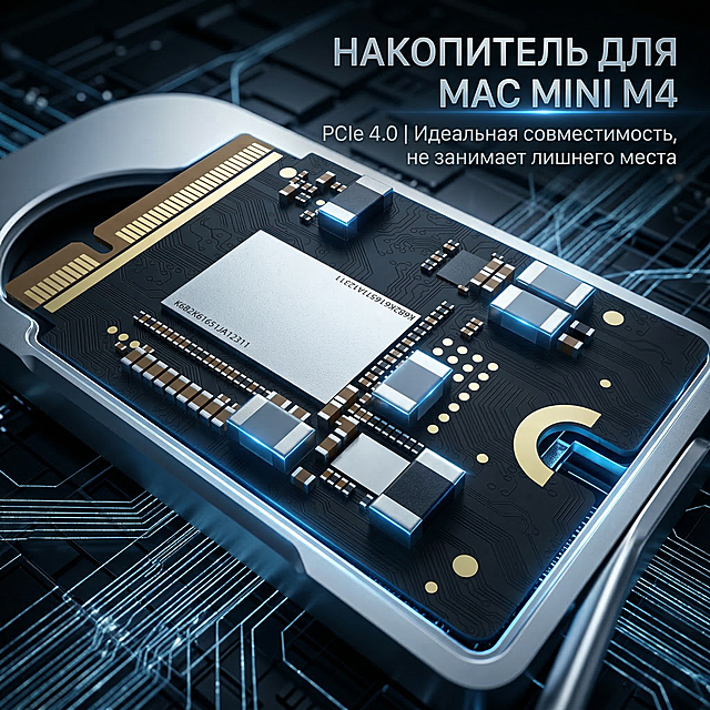 SSD под углом 45° вставлен в слот корпуса Mac mini M4, крупный план, подчеркивается идеальная совместимость. Диагональная композиция: SSD занимает нижнюю левую 2/3 кадра, контур корпуса M4 размыт на фоне, верхний правый угол свободен. Фон: темная технологическая сетка с переливающимися светло-голубыми световыми линиями, создается ощущение футуризма. Основной заголовок на русском: "НАКОПИТЕЛЬ ДЛЯ MAC MINI M4", подзаголовок на русском: "PCIe 4.0 | Идеальная совместимость, не занимает лишнего места". Основные цвета: темно-черный, металлический серебристый, ярко-голубой блики. Без водяных знаков, цен, логотипов Amazon, промо-текста.