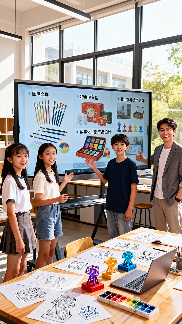 现代风格的研学教室，明亮的日光透过大窗户，三名充满活力的青少年（两女一男，16-18岁）自信地站在一块大型交互式智能屏幕前宣讲创业计划，屏幕上显示精美的文创产品设计图，包括国潮文具、特色IP盲盒、数字化非遗产品，屏幕旁站着一位30岁左右面带鼓励微笑的年轻导师，穿着休闲西装，桌上散落着设计草图、3D打印的样品原型、颜料和笔记本电脑，整体氛围专注、创新与协作，画面构图生动，角色表情自然，具有电影感的光影
