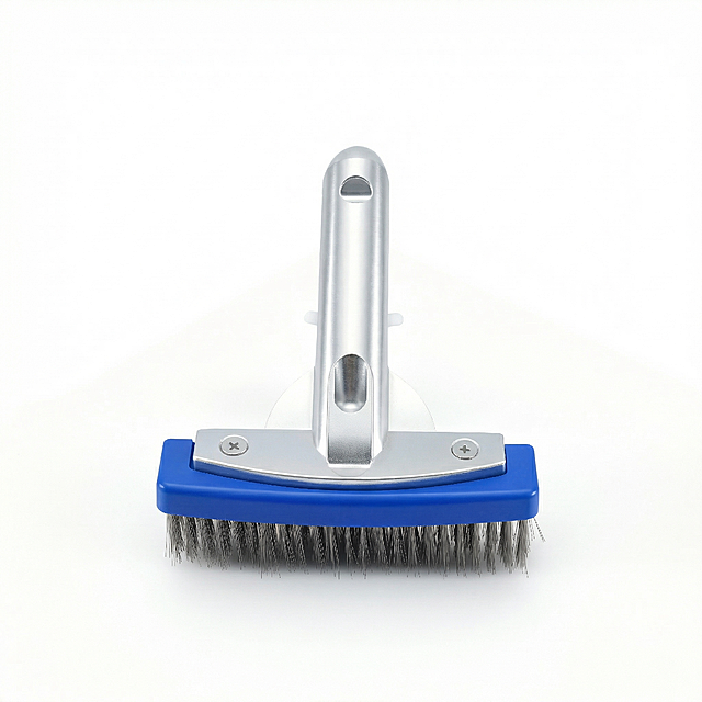 Generate the first main image for Amazon: Aquatix Pro 5 inch Pool Cleaning Brush, the product appearance must be 100% consistent with the original image. Pure white background #FFFFFF, the product is centered, the product occupies more than 85% of the picture, no text, no logo, no border, professional and standardized product photography, clear texture, high contrast, bright and natural light. Keep the product as the blue ABS plastic head with silver aluminum handle and stainless steel bristles shown in the original image.