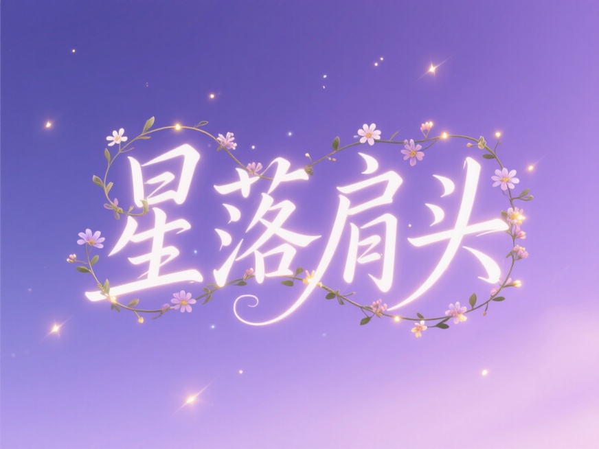 文艺清新文字 "星落肩头"：手写轻盈字体，字母间缠绕细小花藤，点缀几点萤火光斑，背景是淡紫色夜空渐变，营造朦胧梦幻的氛围。预览效果