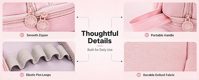 [商品] 使用【图4】粉色大容量多层笔袋细节图；保留顺滑拉链、圆形拉链头及上面的文字、弹性笔插位、便携提手、耐磨面料纹理；增强细节质感和缝线清晰度，不改变原有设计。
[画面] 目标：细节材质页，展示人性化设计细节。构图：四宫格拼图，每格展示一个核心细节：左上顺滑拉链、右上便携提手、左下弹性笔插、右下耐磨面料。中心区域留白放标题。阅读动线：从中心标题向四周扩散。背景：每格用浅粉色渐变小背景，整体统一。
[视觉] 套系策略：风格=跨境极简高级商业摄影；标题字=现代无衬线粗体；正文字=简洁无衬线体；主色=柔粉色；背景延展=基于柔粉色做深浅层级、同色渐变和细腻纸张/织物质感；强调色=暖灰色，仅用于小面积图标、引线和标签；标题色=深炭灰；正文色=中暖灰；组件=圆角边框、编号圆点、细线引线；光影=微距柔光，突出材质纹理和细节。
[文字] 中心主标题"Thoughtful Details"，副标题"Built for Daily Use"。四格分别配文："Smooth Zipper"、"Portable Handle"、"Elastic Pen Loops"、"Durable Oxford Fabric"，文字横排于每格下方。
[规格] 图片比例61:25横版，4K分辨率，避免变形、错字、文字过小、冷蓝/蓝灰背景、细节失真、面料颜色改变。