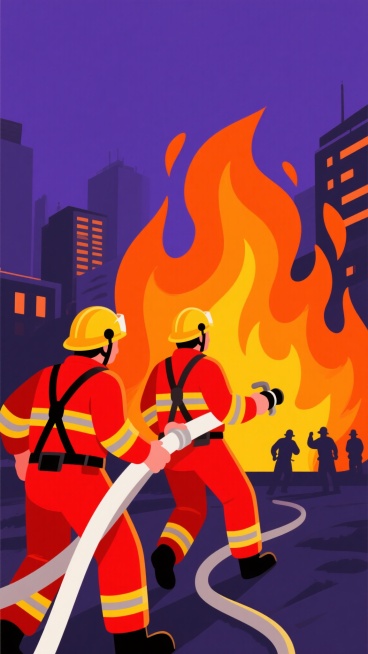 扁平风格插画，两名身着红色消防服、黄色头盔和背带的消防员正合力紧握消防水带前端，面向熊熊燃烧的巨大橙色火焰，背景中隐约可见城市建筑轮廓和其他消防员的剪影，整体色调以炽热的红橙黄为主，搭配深邃的紫色天空，线条简洁流畅，色块分明，呈现出消防员英勇无畏冲向火场的紧张而充满力量的救援场景。预览效果