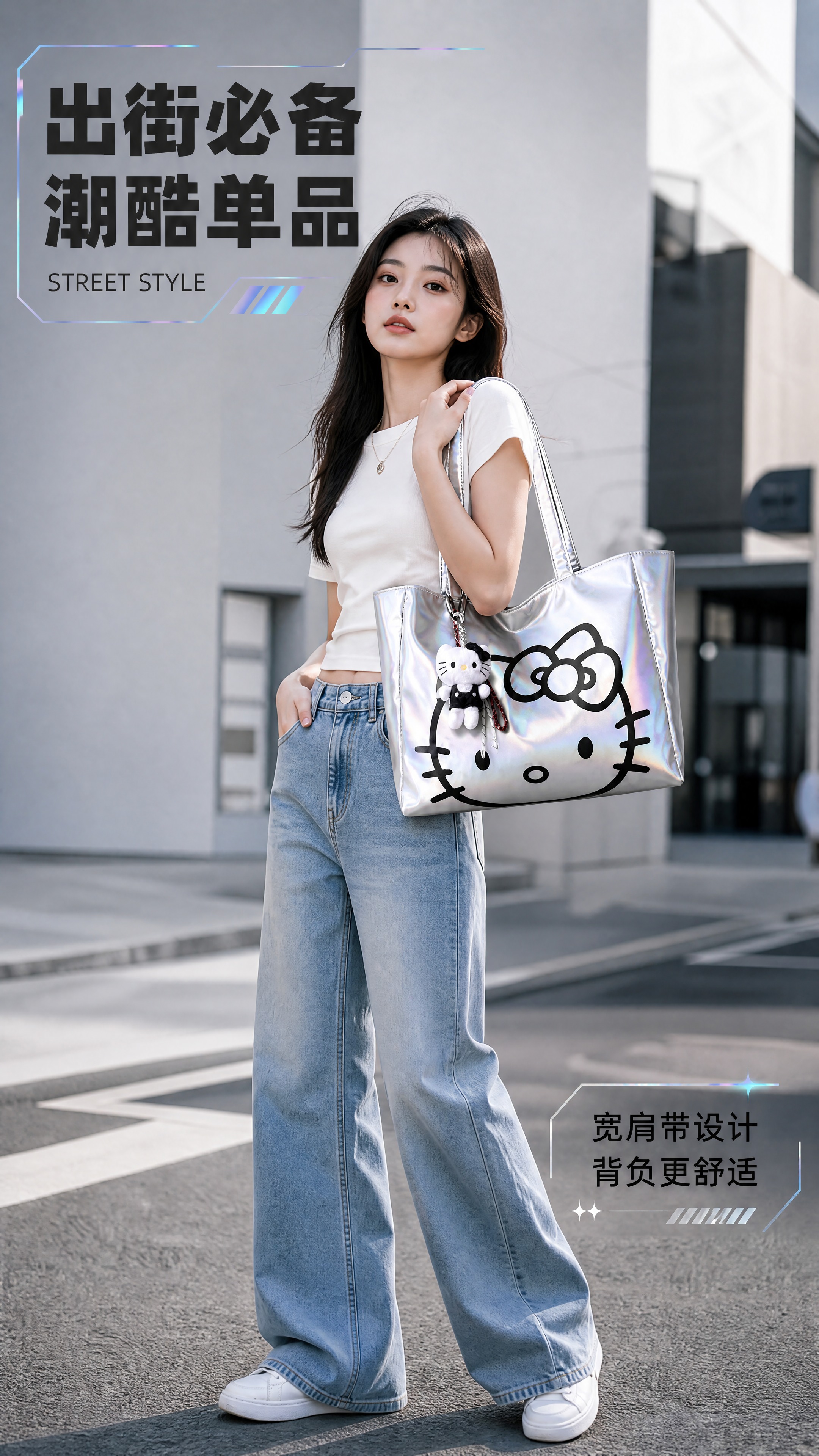 [商品] 使用【图1】Hello Kitty联名银色镭射托特包… - 图片创意预览