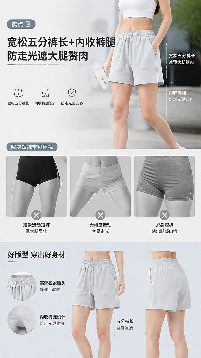 拼多多9:16竖版商品详情页第四屏，展示卖点3：宽松五分裤长+内收裤腿，防走光遮大腿赘肉，痛点短款运动短裤露大腿显壮、大幅度运动容易走光，紧身短裤勒出腿部肉痕，展示裤型剪裁和五分裤长效果，文案清晰"宽松五分裤长+内收裤腿 防走光遮大腿赘肉"，风格温柔极简城市运动风，适配手机竖屏，比例9:16