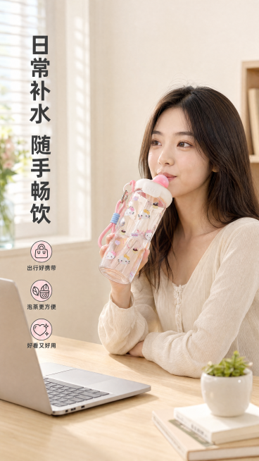 [第6屏] 真人桌面场景使用展示。[氛围/风格] 真实生活场景，温馨治愈，柔和自然光，日常氛围感，真实自然质感。[元素布局] 一位年轻女生坐在书桌前，腰部以上入镜，面带微笑，右手拿起粉色Kitty款浮预览效果