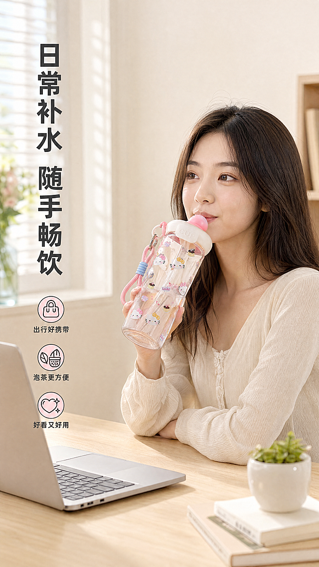 [第6屏] 真人桌面场景使用展示。[氛围/风格] 真实生活场景，温馨治愈，柔和自然光，日常氛围感，真实自然质感。[元素布局] 一位年轻女生坐在书桌前，腰部以上入镜，面带微笑，右手拿起粉色Kitty款浮球杯正在饮水，桌面布置整洁，有笔记本电脑和小盆栽装饰。浮球杯产品结构、配色、图案和参考图保持一致。女生穿着浅色系日常居家服装，场景自然不刻意。背景为浅米色墙面，书桌为原木色，整体营造日常使用的舒适氛围。[光影质感] 左侧窗户透入柔和自然光，整体明亮通透，人物和产品光影自然，没有硬阴影。[配色色系] 整体暖调配色：原木桌面#E8D9C5，墙面#F9F5EF，植物绿色#9DBE6F，文字#333333，产品保留原有配色。[视角构图] 人物和产品居中展示，产品位于视觉中心，占比约40%，人物动作自然，背景虚化突出主体产品。[文字版式] 画面左侧竖排主标题“日常补水 随手畅饮”，深灰色粗体；下方三个卖点横向排列：“出行好携带”“泡茶更方便”“好看又好用”，每个卖点配圆形小图标，风格活泼统一。[比例分辨率] 9:16竖版比例，4K分辨率，文字清晰可辨，超高清。[负向提示词] 产品变形，结构错误，人物面部扭曲，表情怪异，文字错乱，水印，背景杂乱。