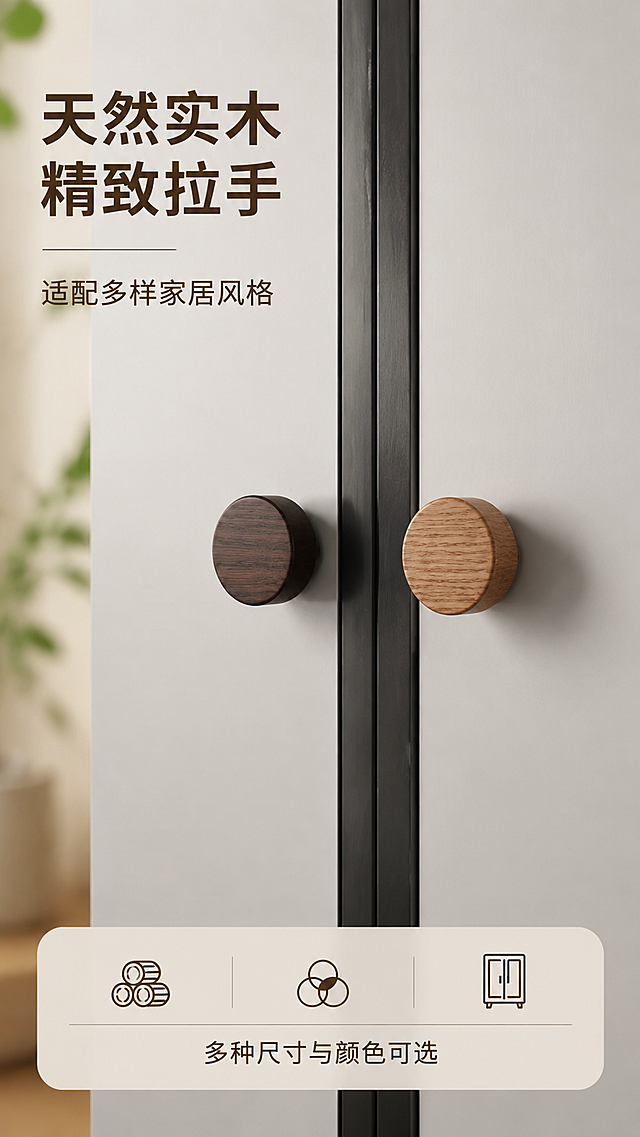 [第1屏] 详情页头图-实木拉手新品宣传海报。本屏使用【图6】作为商品主体，展示拉手安装在柜门的实际效果。
[氛围/风格] 简约自然北欧风，温馨家居氛围，商业摄影质感，清晰突出木材天然纹理。
[元素布局] 柜门安装场景居中展示，拉手占比约65%，左上放置主副标题，底部预留信息条区域。保持拉手形状、尺寸、颜色、材质纹理与输入产品图一致。背景搭配浅灰色调柜门，简约不抢主体。
[光影质感] 左侧柔和主光照明，右侧自然阴影，木材纹理清晰有质感，明暗层次舒适。
[配色色系] 全局底色 #F5F5F0；主色原木暖棕，辅助色浅灰柜门，深棕色文字。
[视角构图] 正面平视视角，拉手为绝对视觉中心，阅读动线左上标题→中部产品→底部信息。
[文字版式] 左上主标题「天然实木 精致拉手」，副标题「适配多样家居风格」，加粗深棕色字体左对齐。底部信息栏标注「多种尺寸与颜色可选」，文字不遮挡拉手主体。
[比例分辨率] 9:16 竖版比例，4K分辨率，文字清晰可辨，高清画质。
[负向提示词] 拉手变形，缺件错件，颜色偏差，木纹错乱，水印，文字过小，背景杂乱