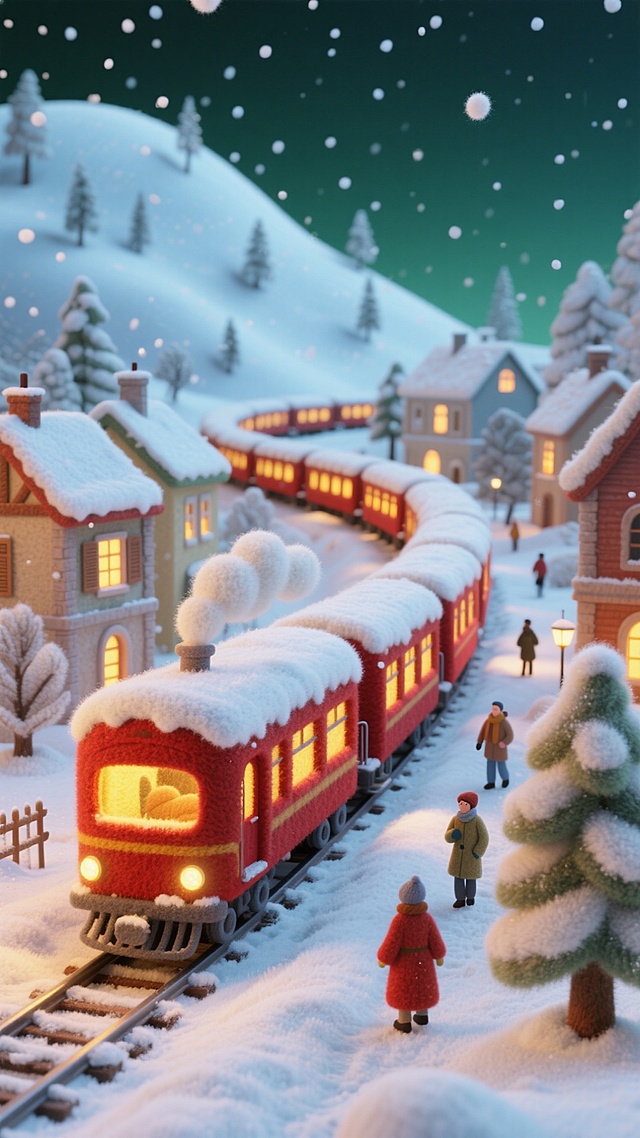 全景式构图。画面主视觉是红色复古列车蜿蜒行驶（多节车厢，车顶覆雪，车窗透出暖黄色灯光）；小镇建筑为欧式风格，屋顶积雪，窗户亮着暖灯，分布于画面两侧；雪地中散布身着冬装的行人，右下角有带覆雪树木；背景是覆雪的山坡与稀疏树木，夜空呈深绿色，飘白色雪花。