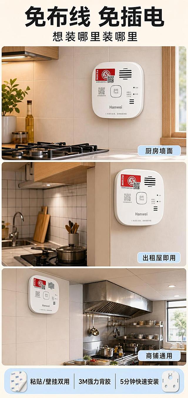 [第5张] 详情页安装场景-免布线免插电多场景安装。本张使用【图1】作为产品主体，展示多种安装位置。
[氛围/风格] 场景展示风，生活化真实感，温馨安心，商业摄影质感。
[元素布局] 画面采用三格竖排场景拼图，每格展示一个安装场景：第一格厨房墙面安装（靠近燃气灶上方墙面），第二格出租屋厨房角落粘贴，第三格商铺后厨天花板附近；每格中产品外观与输入图一致，尺寸比例正确；场景均为真实室内环境，有橱柜、灶台、瓷砖等元素；产品有粘贴/壁挂安装示意。
[光影质感] 每个场景均为自然光+室内暖光，柔和自然，产品清晰突出，有真实环境投影。
[配色色系] 全局底色暖白+浅木色家居色调；主色白色产品；辅助色浅蓝信息条、暖黄环境光。
[视角构图] 三格竖排拼图，从上到下阅读，每格独立场景，底部有统一信息条。
[文字版式] 顶部主标题「免布线 免插电」，副标题「想装哪里装哪里」；每格场景右下角有小标签：「厨房墙面」「出租屋即用」「商铺通用」；底部通栏信息条写「粘贴/壁挂双用 3M强力背胶 5分钟快速安装」；黑体字，清晰易读。
[比例分辨率] 9:16 竖版比例，4K 分辨率，文字清晰可辨，高清画质。
[负向提示词] 产品变形，缺件错件，颜色偏差，水印，文字错乱，产品图模糊，场景杂乱。