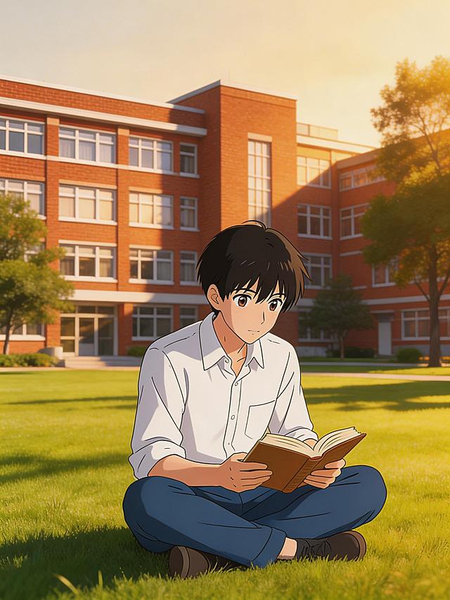动漫风校园场景，轻拟物与水彩质感结合，柔和光影渲染清新文艺氛围，少年静读于草坪，传递舒适治愈的春日气息。