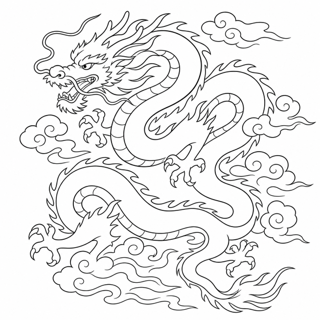简化抽象的传统龙纹黑白线稿，减少细节纹理，提炼核心轮廓线条，造型简约概括，保留传统龙纹的辨识度预览效果