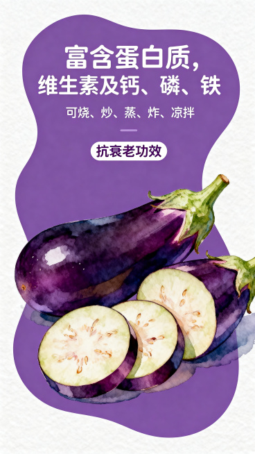 异形不规则设计的茄子促销宣传图，主色调为紫色搭配浅白色，风格融合手绘与软糯元素，画面核心为手绘风格的完整茄子和切块茄子，细节丰富，包含创意文字"富含蛋白质，维生素及钙、磷、铁"，文字"可烧、炒、蒸、炸预览效果