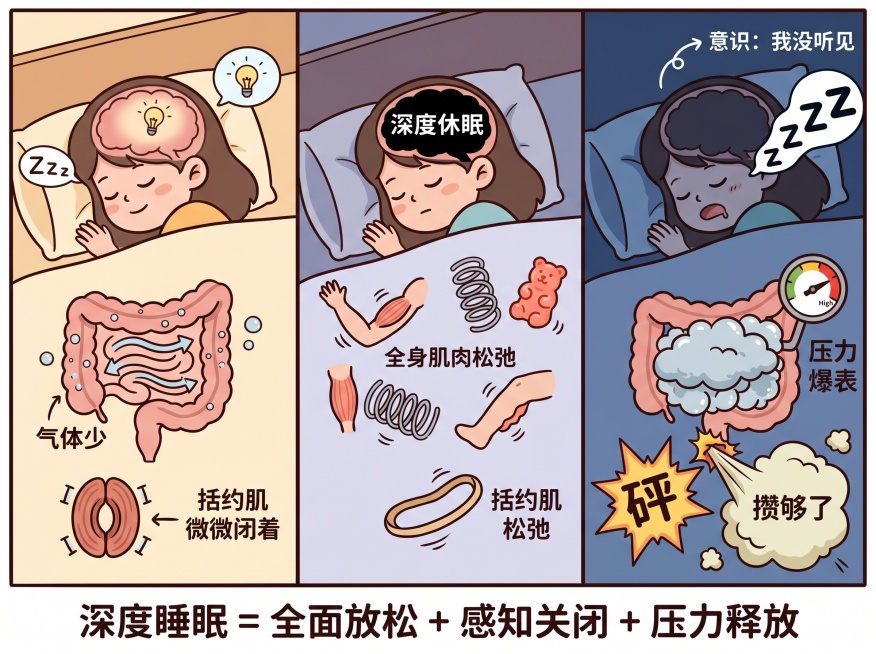 比例4:3，三格递进漫画，从左到右表示"浅睡眠 → 深睡眠"：第一格：大脑还亮着一点点光，括约肌微微闭着，肠道蠕动正常，气体少；第二格：大脑完全暗掉，写着文字"深度休眠"，全身肌肉画成松掉的弹簧或软掉预览效果