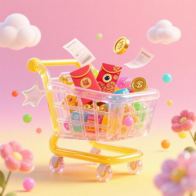 黄色购物车，挂着购物小票，车里有红包、金币、商品元素，周围环绕着带彩色圆点的透明星形装饰，有半透明云朵、花朵、带眼睛的红包，背景为粉黄色渐变