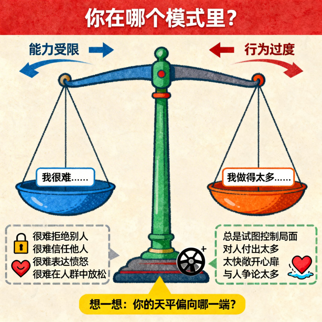 科普插画风格，丰富的细节、标注和说明文字，统一的温暖色彩体系（红色、蓝色、绿色、橙色主色调）。核心视觉是一个详细的天平图，左右两端各有一个托盘。左侧托盘上放着"我很难……"的标签，下方用列举框列出具体预览效果
