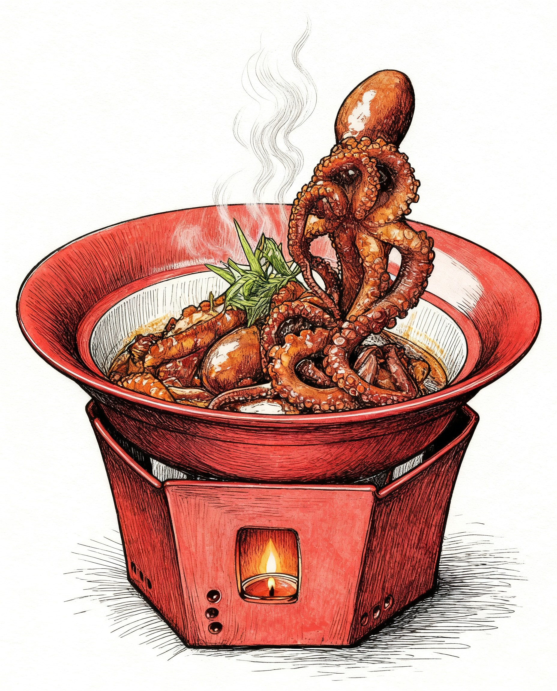 将这道红焖八爪鱼菜品转换为手绘插画风格，保留红色碗具、八爪鱼的… - 图片创意预览