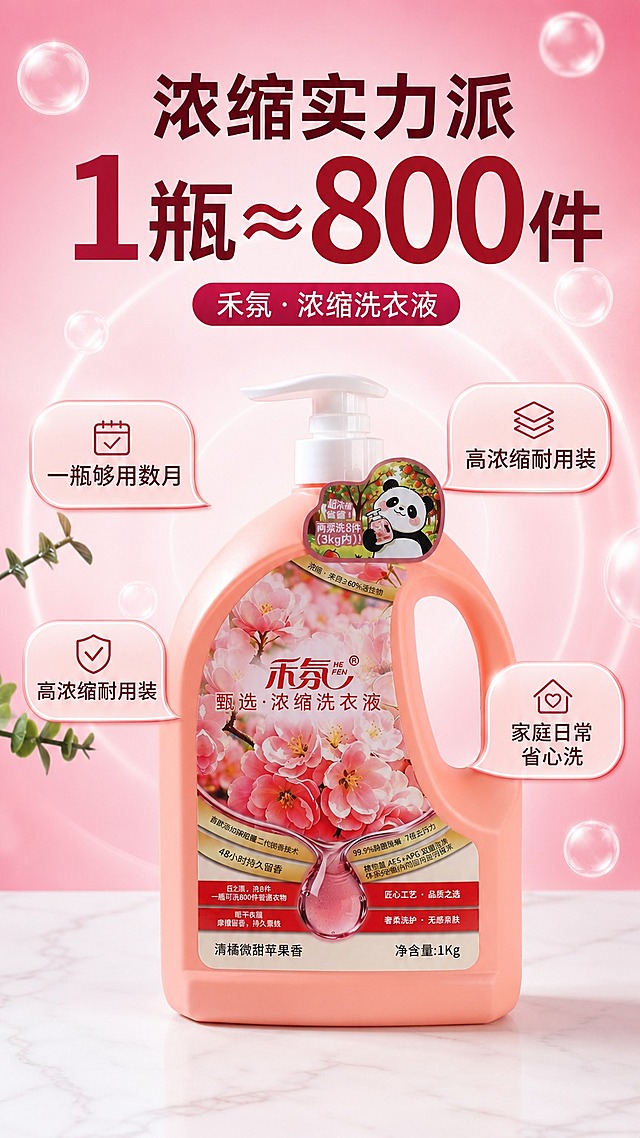 [商品] 使用【图1】禾氛甄选浓缩洗衣液粉色瓶；保留瓶身、泵头、熊猫贴纸、标签、Logo及所有文字，商品本体不改动。
[画面] 目标：一瓶约800件的耐用性展示，家庭日常省心洗。构图：中心产品主体，四周对话气泡式卖点环绕。产品占画面50%，居中放置在白色大理石台面上，瓶身正面。四个圆角气泡标签分布在产品左上、右上、左下、右下四个方向。背景粉色渐变，有透明气泡和光晕圆环，左侧有绿色小枝叶装饰。
[视觉] 套系策略：风格=国内电商高级温馨商业摄影；标题字=粗黑体大字；正文字=清晰无衬线黑体；主色=樱花粉/蜜桃粉；背景延展=粉色径向渐变+底部白色台面，光晕层次感；强调色=酒红，仅用于主标题大数字；标题色=深酒红；正文色=深粉灰；组件=圆角对话气泡标签、光晕圆环、透明气泡装饰；光影=顶部柔光，产品有自然投影，整体明亮温馨。
[文字] 顶部主标题"浓缩实力派"，超大数字副标题"1瓶≈800件"；产品上方胶囊条"禾氛·浓缩洗衣液"；四个气泡标签：左上"一瓶够用数月"、右上"高浓缩耐用装"、左下"高浓缩耐用装"、右下"家庭日常 省心洗"。所有文字横排，层级清晰。
[规格] 单屏比例9:16竖版，resolution=1K，quality=medium；避免变形、错字、文字过小、绝对化承诺。